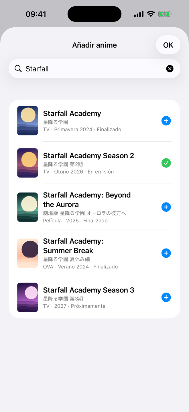 Búsqueda de Starfall con cinco resultados, cada uno con su formato, temporada y año