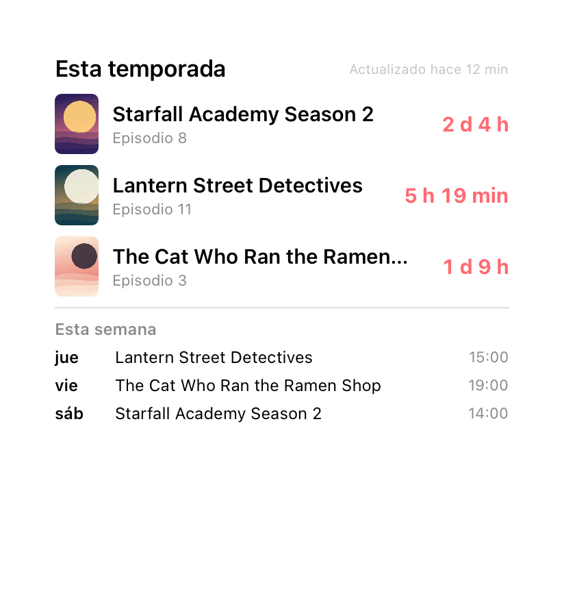 Widget grande con tres anime, sus cuentas regresivas y la programación de esta semana
