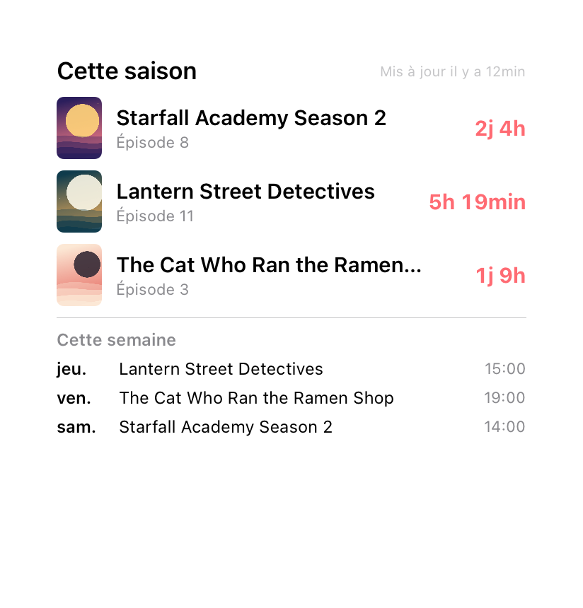 Grand widget avec trois séries, leurs comptes à rebours et le programme de la semaine