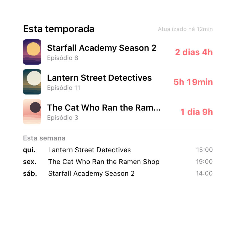 Widget grande listando três animes com contagens regressivas e a programação desta semana
